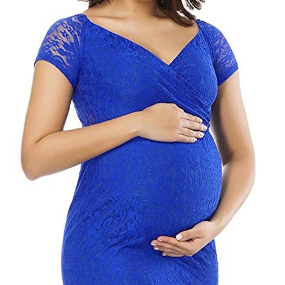 Blue Lace Maternity Off-the-Shoulder Dress Gown